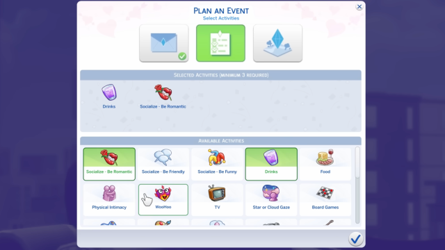 The Sims 4 Lovestruck Cupid's Corner, activity planning.